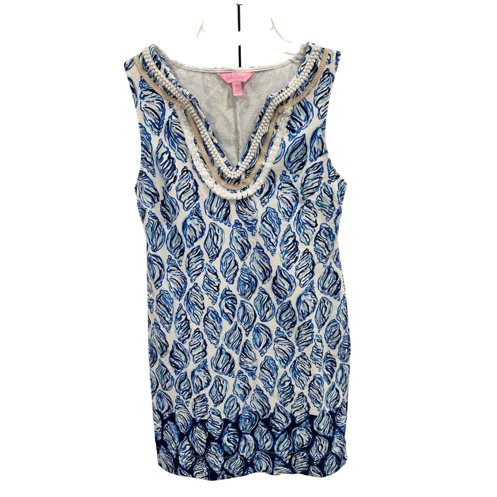 Lilly Pulitzer Shell Gold Print V‎ Neck Sleeveless Dress Blue White Size S